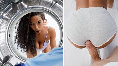A slim dark-hued gets stuck in the washing machine