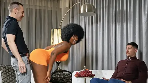 Ebony beauty on her knees gives hubby's boss a blowjob