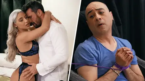 Stud with corded mitts is attempting to pummel a platinum-platinum-light-haired woman