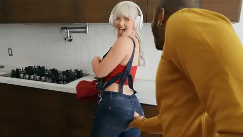 BIG BLACK COCK is ravaging curvy platinum-ash-blondie bisexous-atch in the kitchen